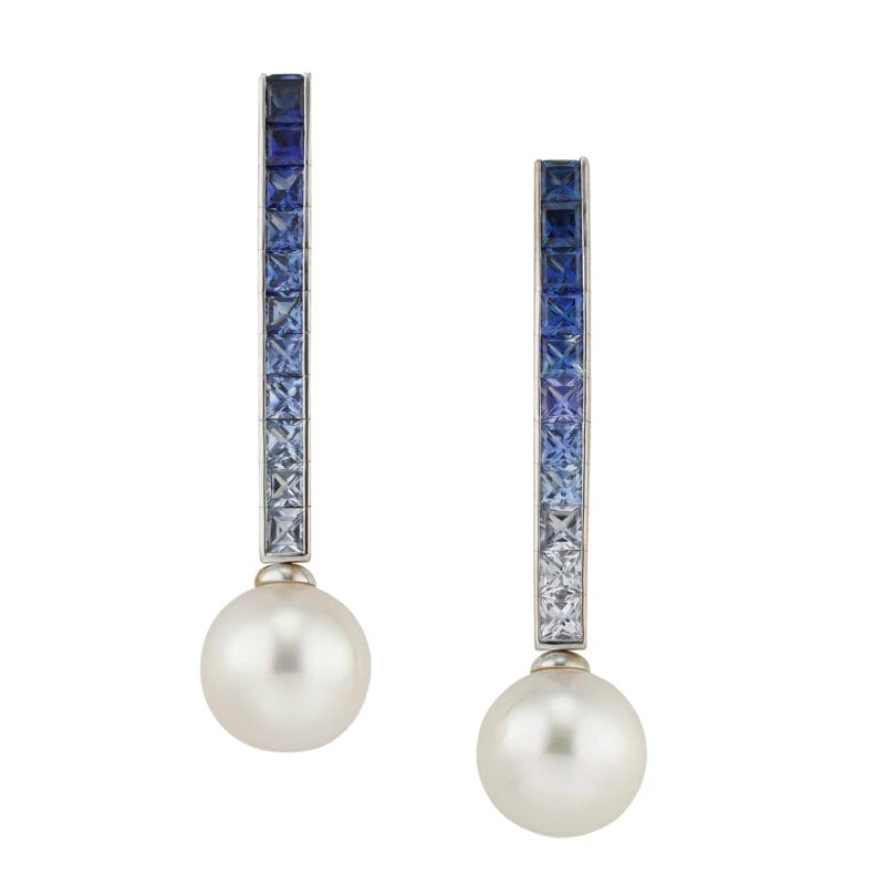 A pair of pearl and sapphire drop earring by Mikimoto