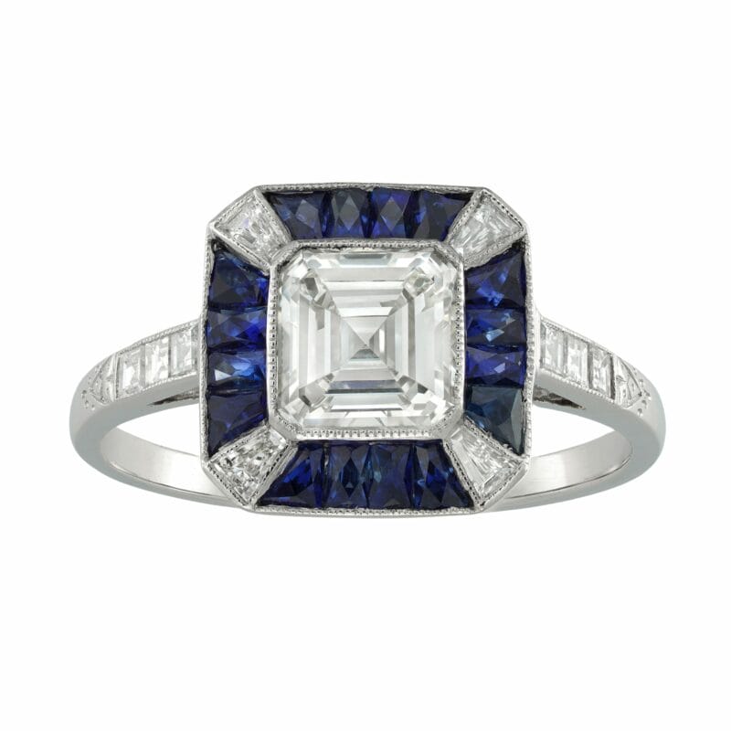 An Assher-cut diamond and sapphire cluster ring
