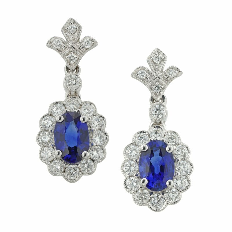 A Pair Of Sapphire And Diamond Drop Cluster Earrings