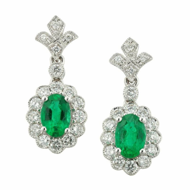 A Pair Of Emerald And Diamond Drop Cluster Earrings