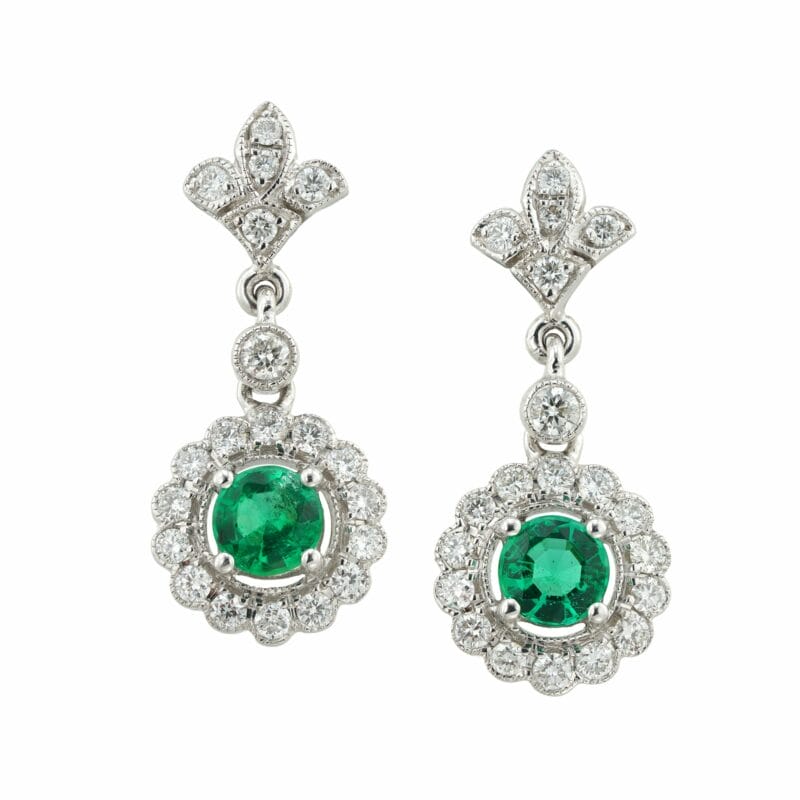A Pair Of Emerald And Diamond Drop Cluster Earrings