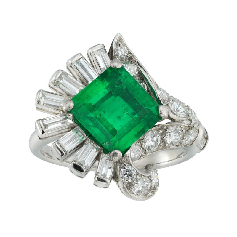 A Mid-century Emerald And Diamond Cocktail Ring