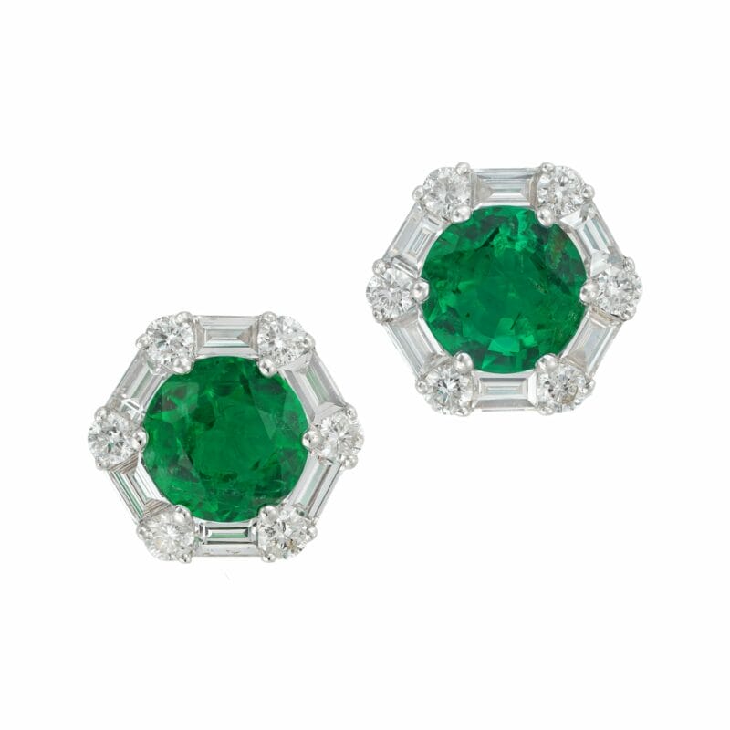 A pair of emerald and diamond hexagonal cluster earrings