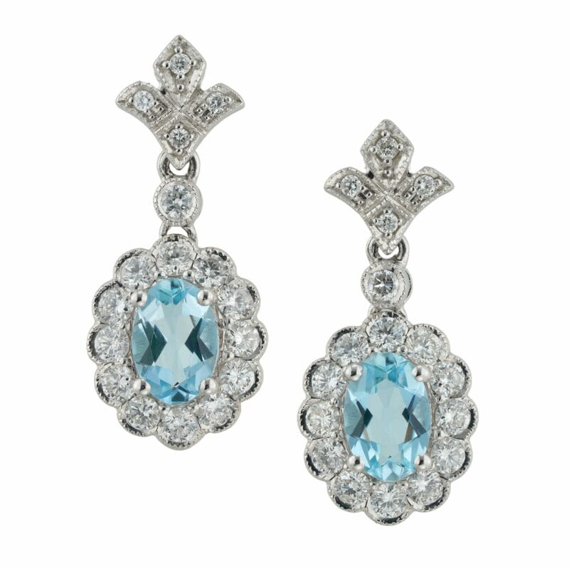 A pair of aquamarine and diamond drop cluster earrings