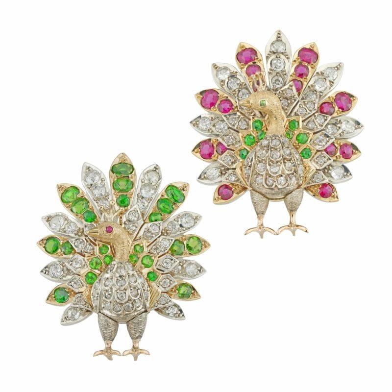 A Pair Of Victorian Gem-set Peacock Brooches