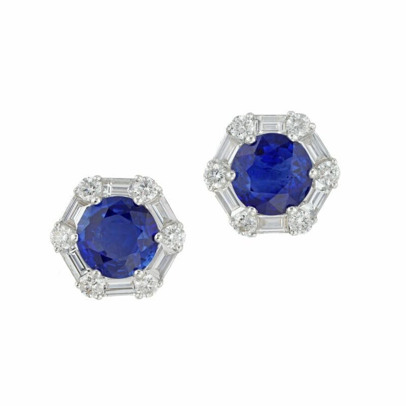A pair of sapphire and diamond hexagonal cluster earrings