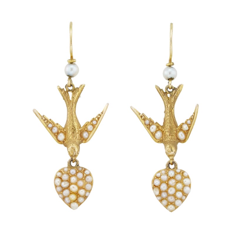A pair of seed pearl swallow-and-heart drop earrings
