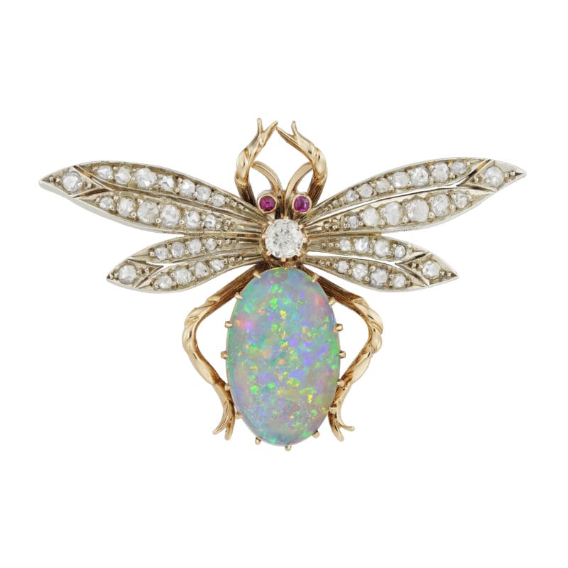 A late Victorian opal, diamond and ruby insect brooch