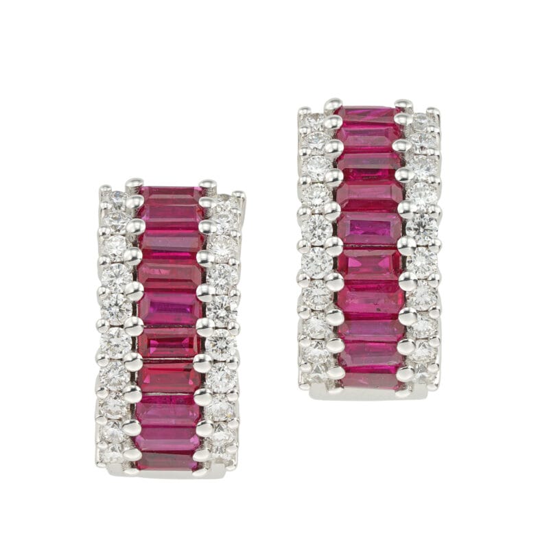 A pair of ruby and diamond huggie earrings