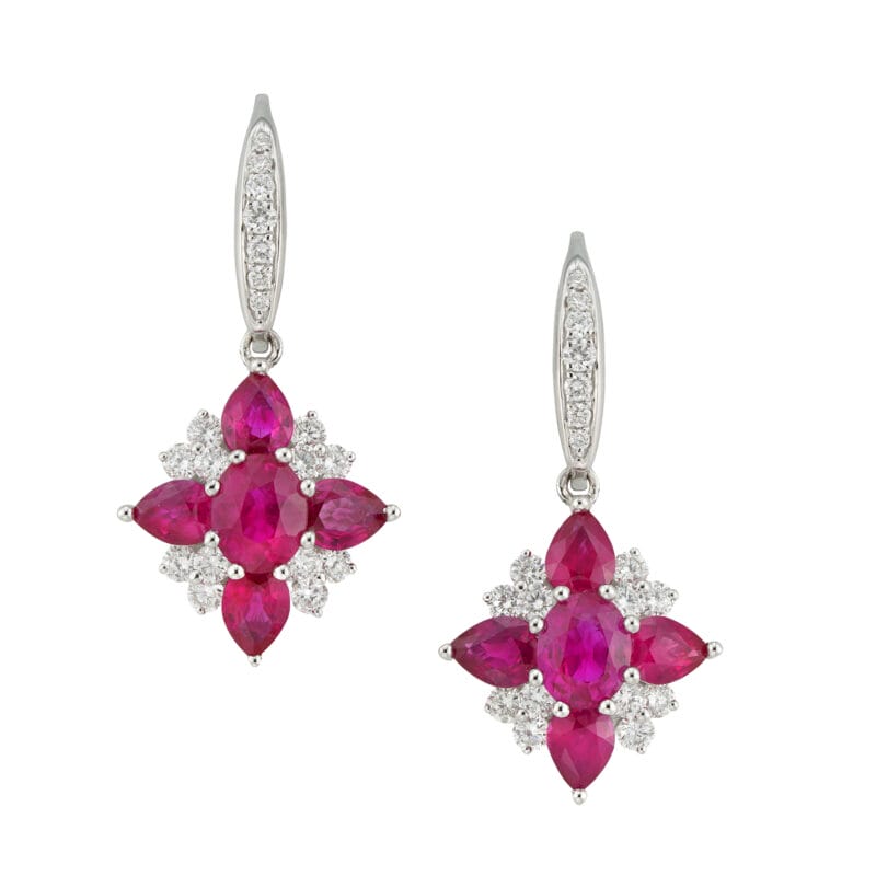 A pair of ruby and diamond cluster drop earrings