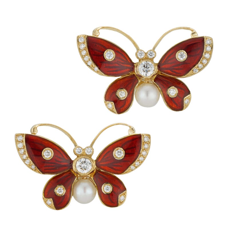 A pair of enamel pearl and diamond butterfly earrings