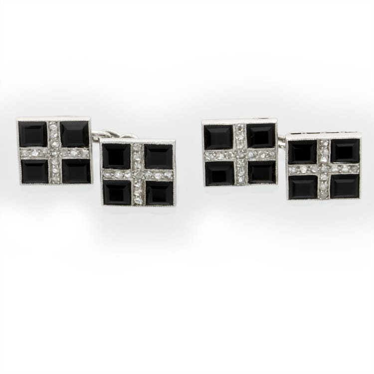 A Pair Of Art Deco Square Onyx And Diamond Cufflinks