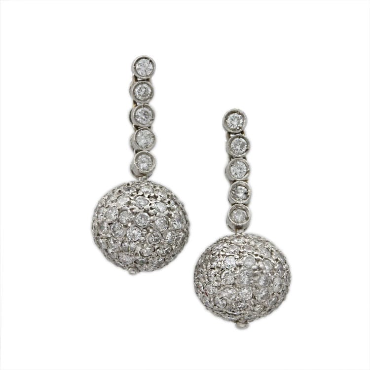 A Pair Of Pave Set Diamond Ball Drop Earrings