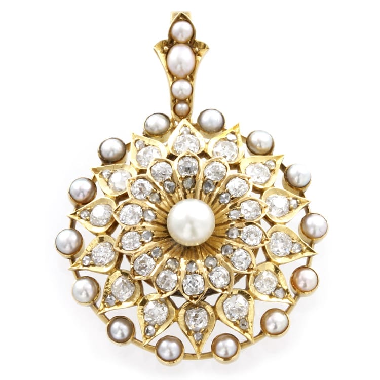 A Fine Victorian Half Pearl And Diamond Sunflower Pendant