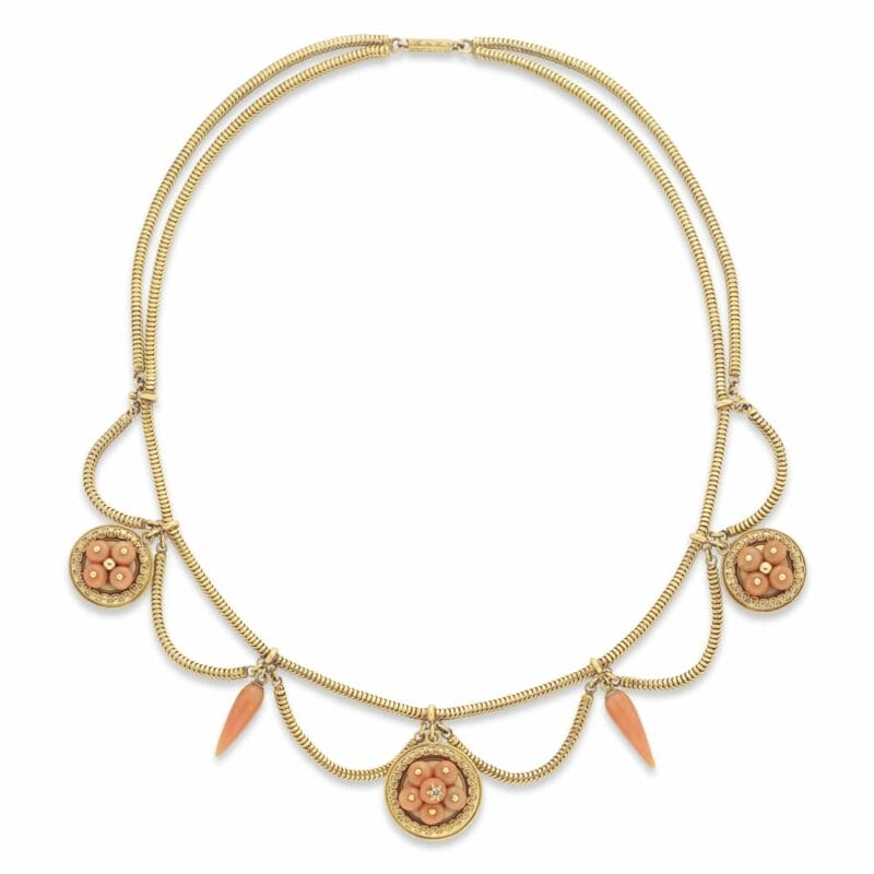 An Antique Coral And Yellow Gold Swag Necklace