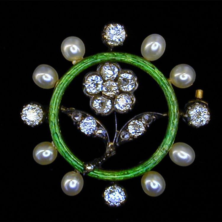 A Late Victorian Pearl, Enamel And Diamond Brooch