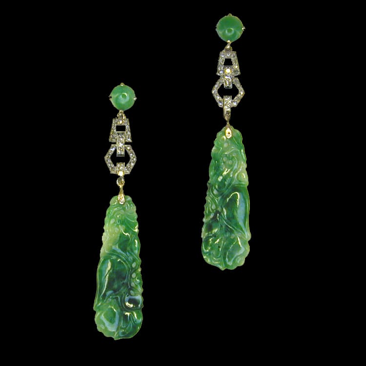 A Pair Of Carved Jade And Diamond Drop Earrings