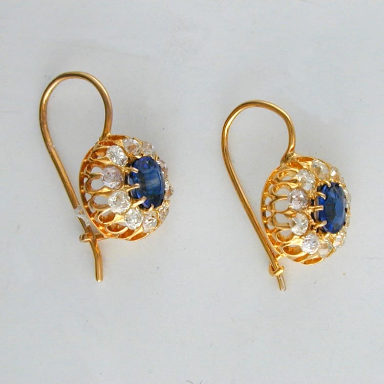 A Pair Of Sapphire And Diamond Cluster Drop Earrings, C1870