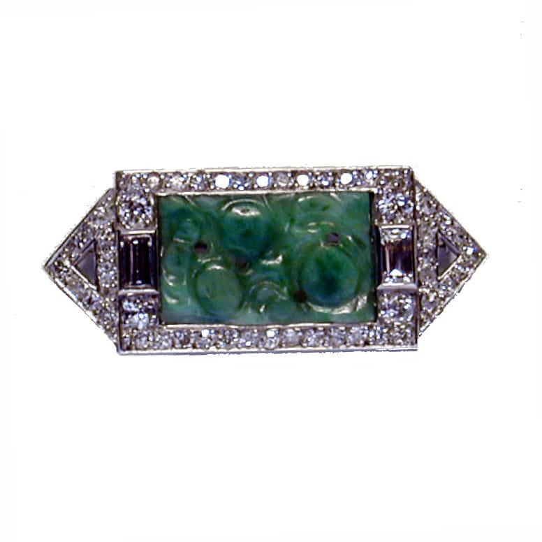 An Art Deco Carved Jade And Diamond Brooch