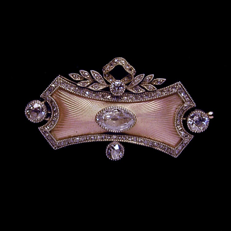 A Pink Enamel And Diamond Brooch By Faberge