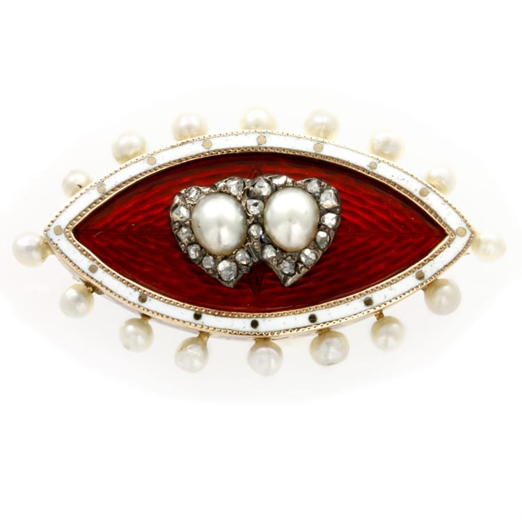 A Victorian Red Enamel, Pearl And Diamond Brooch