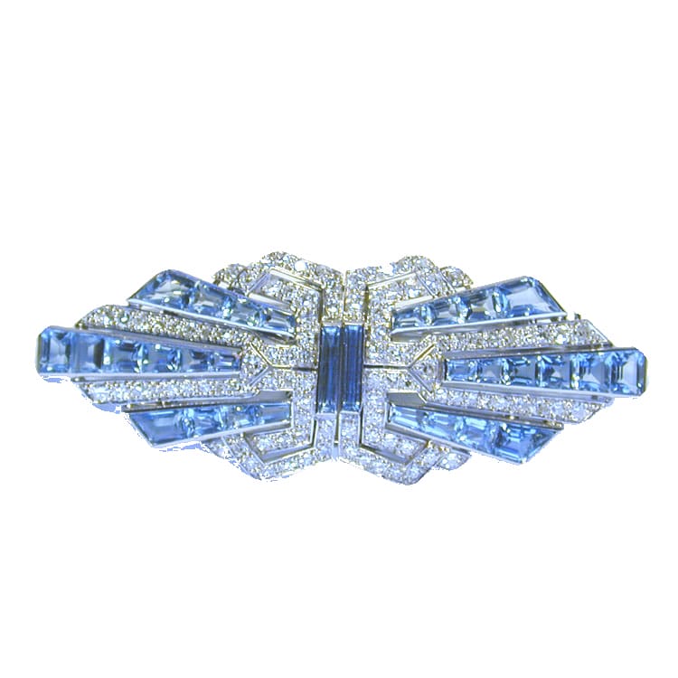 An Art Deco Aquamarine And Diamond Double Clip Brooch