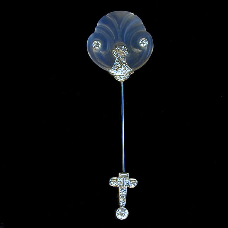 An Art Deco Carved Moonstone And Diamond Jabot Pin