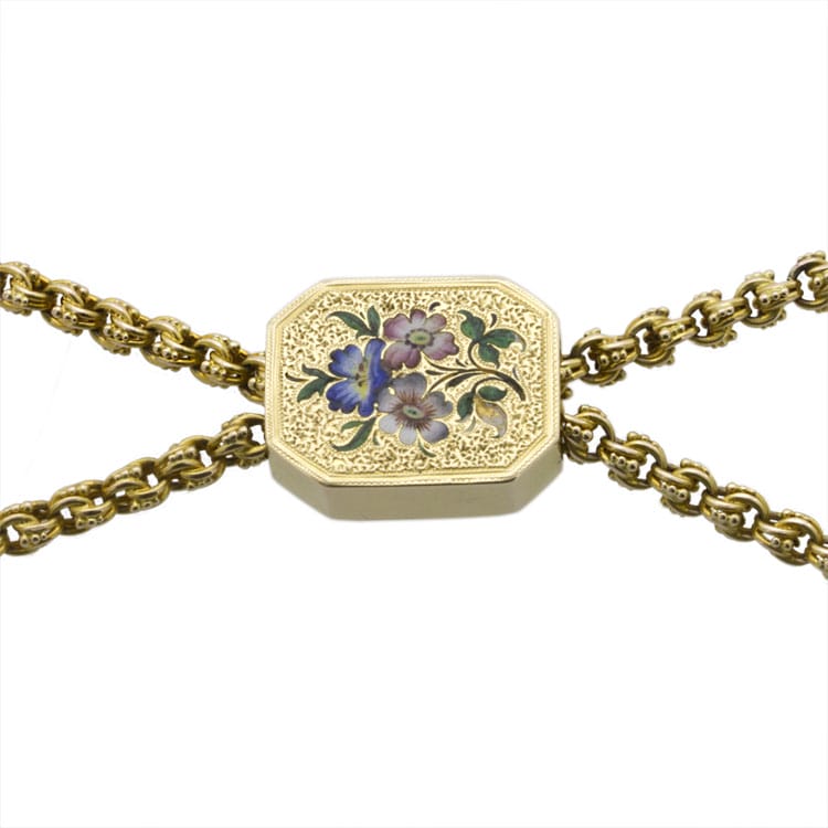 A Long Chain With Enamelled Floral Slide