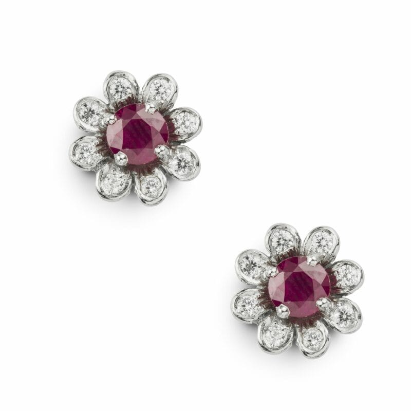 A Pair Of Flower-head Ruby And Diamond Earrings