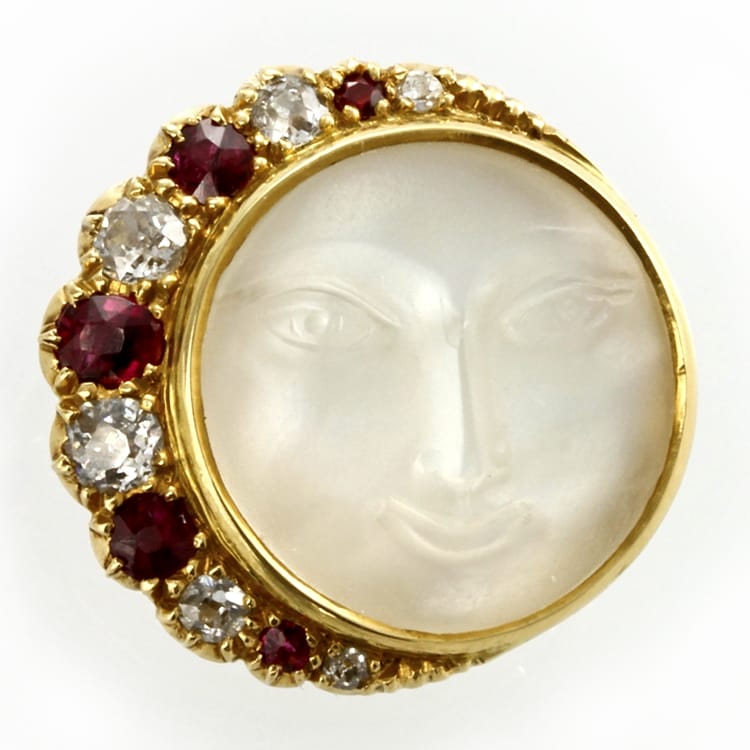 A Victorian Moonstone Ruby And Diamond Brooch