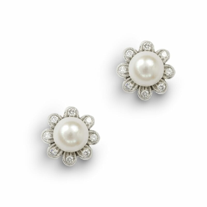 A Pearl And Diamond Flower Head Stud Earrings