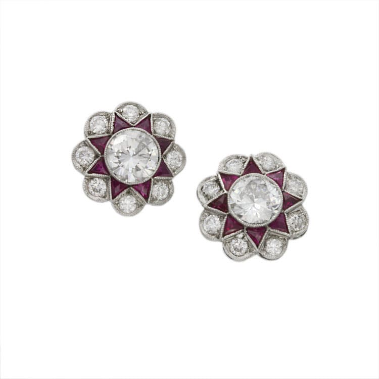 A Pair Of Diamond And Ruby Cluster Stud Earrings