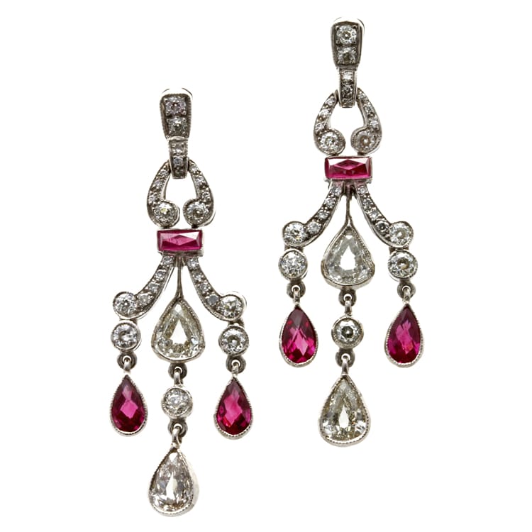 A Pair Of Edwardian Ruby And Diamond Scroll Drop Earrings