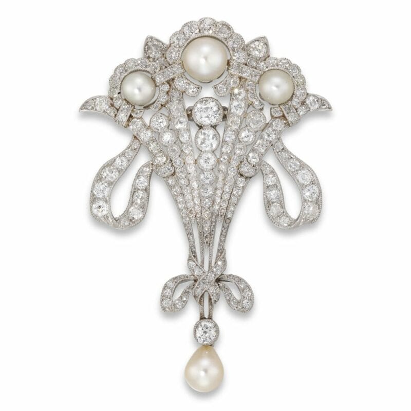 A Fine Edwardian Pearl And Diamond Ribbon Brooch