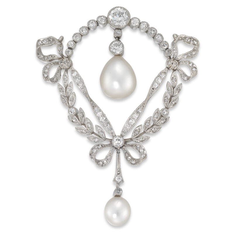 A Fine Edwardian Natural Pearl And Diamond Necklace/ Brooch