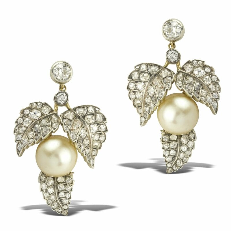 A Pair Of Natural Pearl And Diamond Leaf Drop Earrings