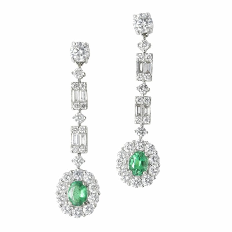 A Pair Of Emerald And Diamond Cluster Drop Earrings