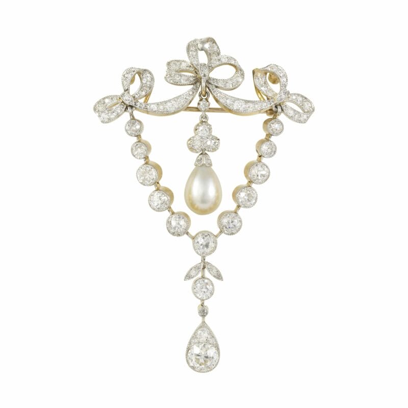 An Edwardian Diamond And Natural Pearl Swag Brooch