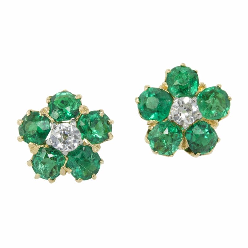 A Pair Of Diamond And Emerald Cluster Stud Earrings