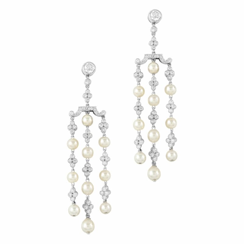 A Pair Of Natural Pearl And Diamond Tassel Drop Earrings