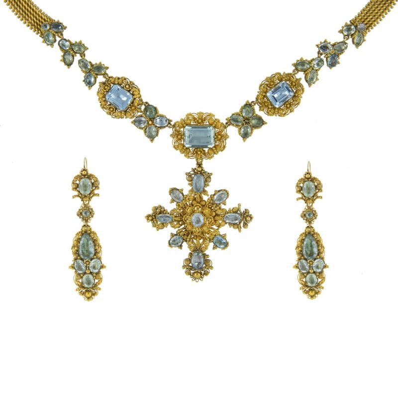 A Georgian Aquamarine And Gold Cannetille Suite