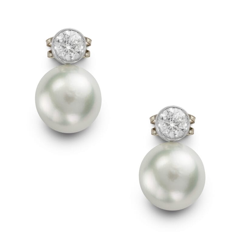 A Pair Of South Sea Cultured Pearl And Diamond Earrings