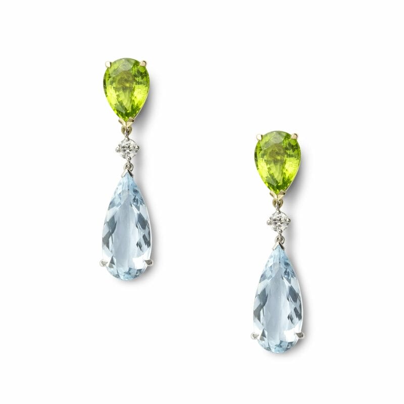 A Pair Of Aquamarine, Peridot And Diamond Drop Earrings