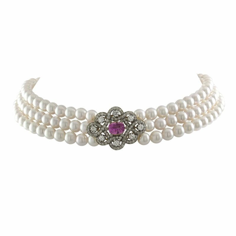 A Pink Sapphire, Diamond And Cultured Pearl Necklace