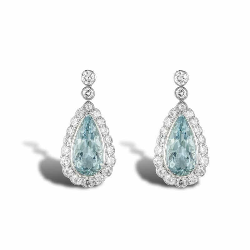 A Pair Of Aquamarine And Diamond Cluster Drop Earrings