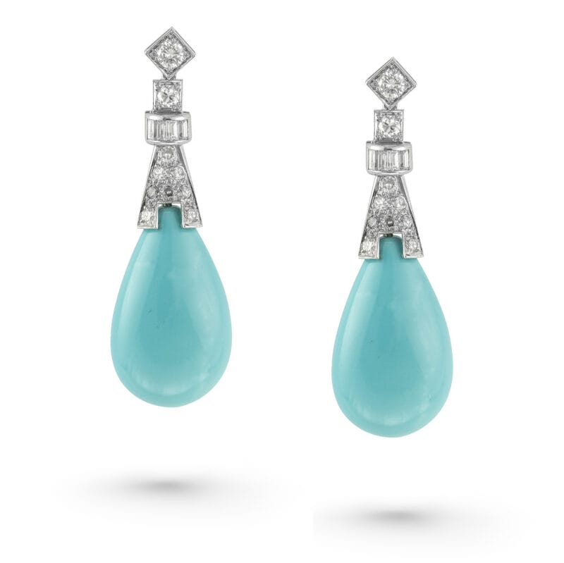 A Pair Of Turquoise And Diamond Drop Earrings