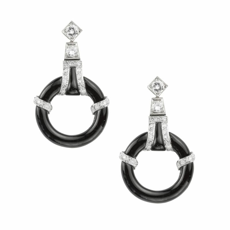 A Pair Of Art Deco Onyx And Diamond Drop Earrings