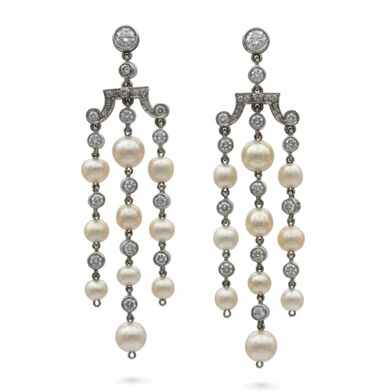 A Pair Of Natural Pearl And Diamond Tassel Earrings