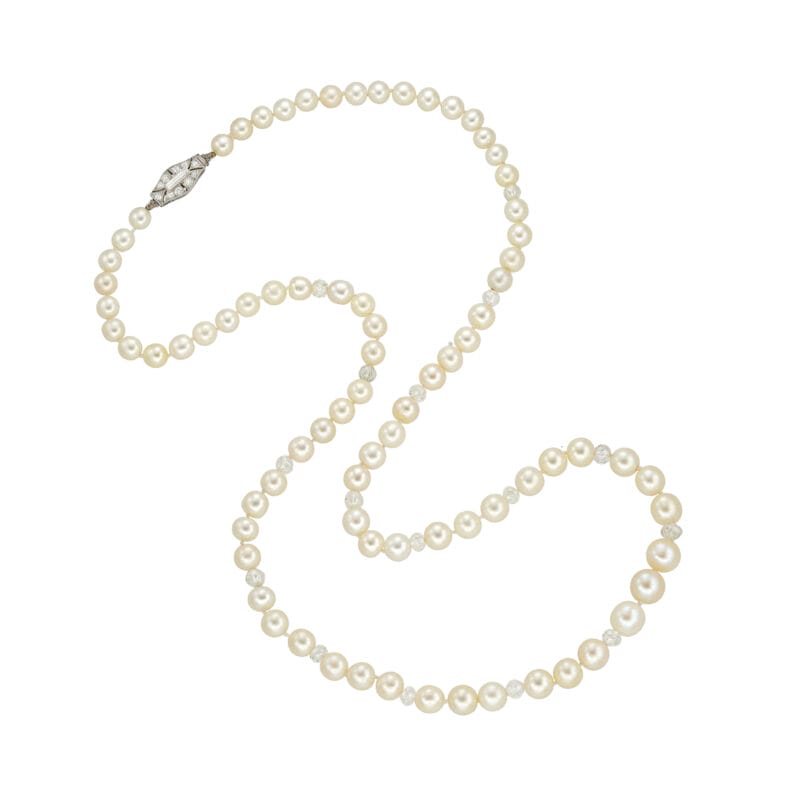 A Natural Pearl And Faceted Diamond Bead Necklace