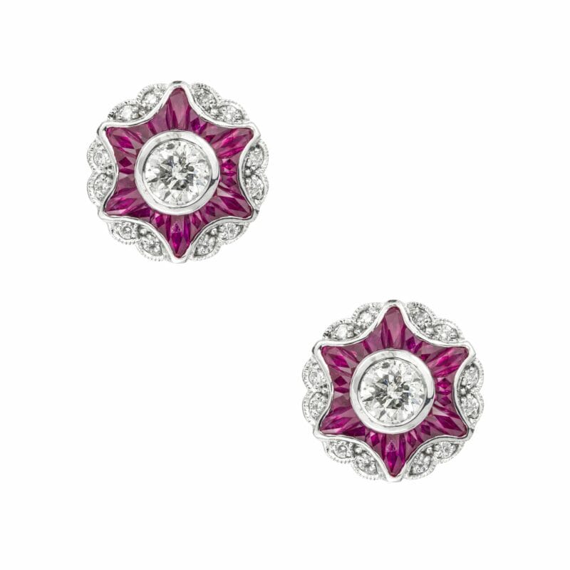 A Pair Of Diamond And Ruby Cluster Star Earrings